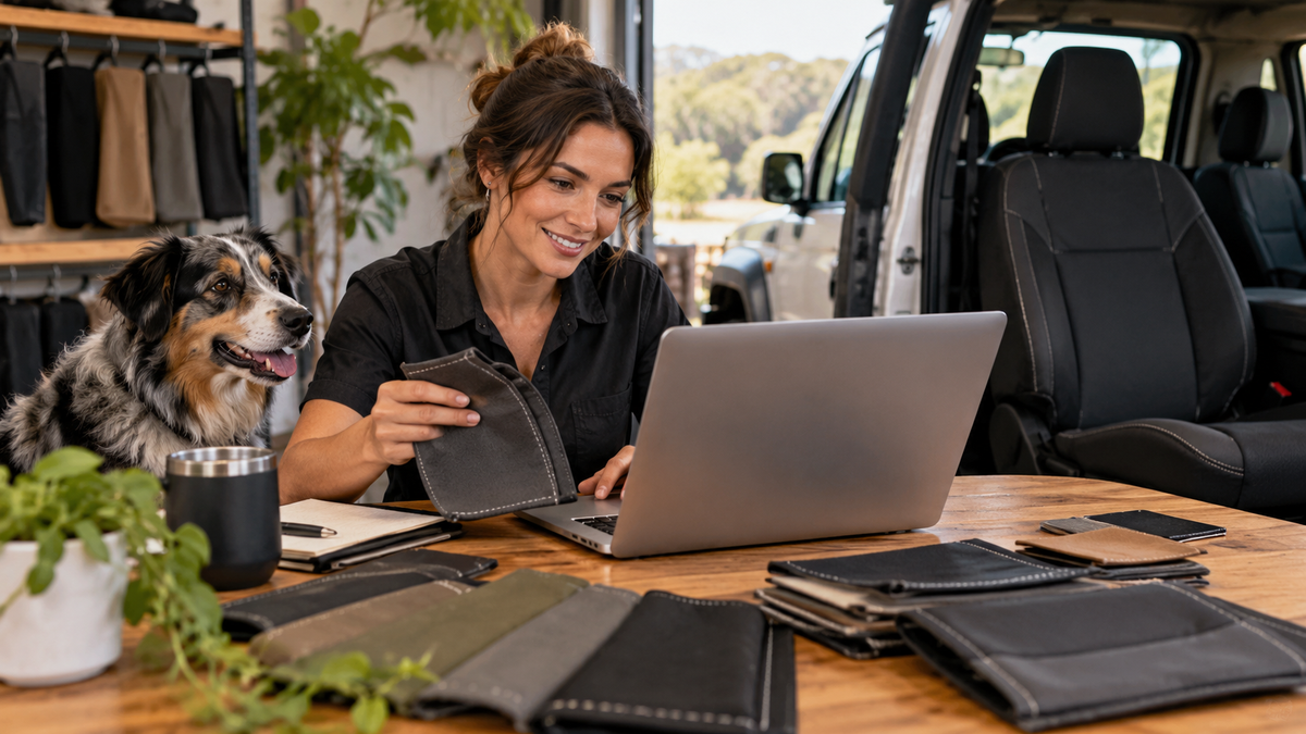 Illustrative customer fitment advice and seat-cover consultation workshop scene
