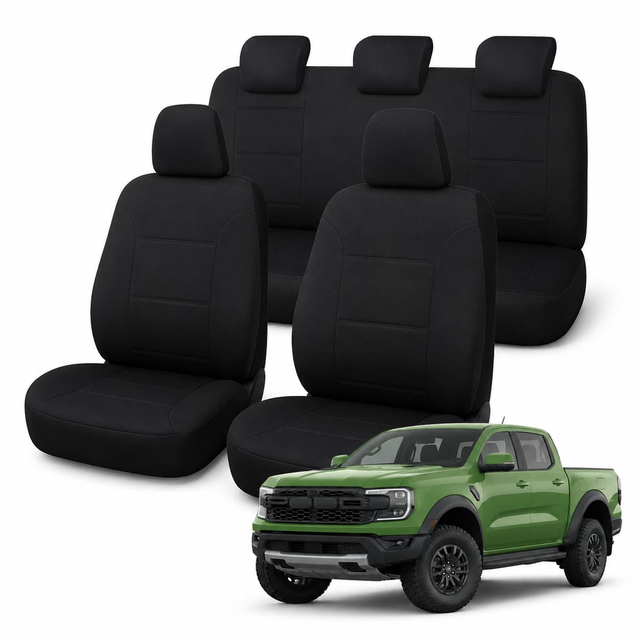 Ford Ranger Raptor RA Next-Gen (07/2022 – On) – Front & Rear Car Seat Covers – Neoprene – Black