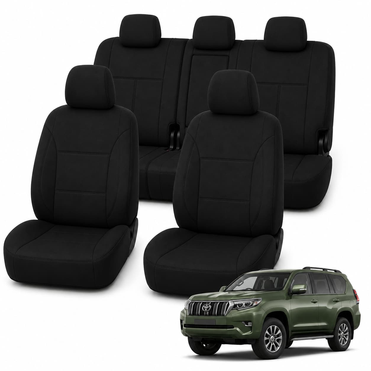 Toyota Prado 150 Series (06/2021 – On) – Front & Rear Car Seat Covers – Neoprene – Black
