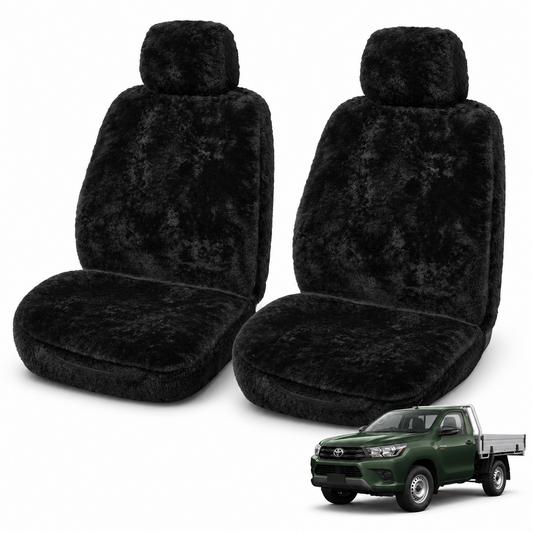 Ilana River Gum 22mm black sheepskin front seat covers for Toyota HiLux Single Cab 07/2017–On, with Classic Fit green Toyota HiLux Single Cab vehicle thumbnail