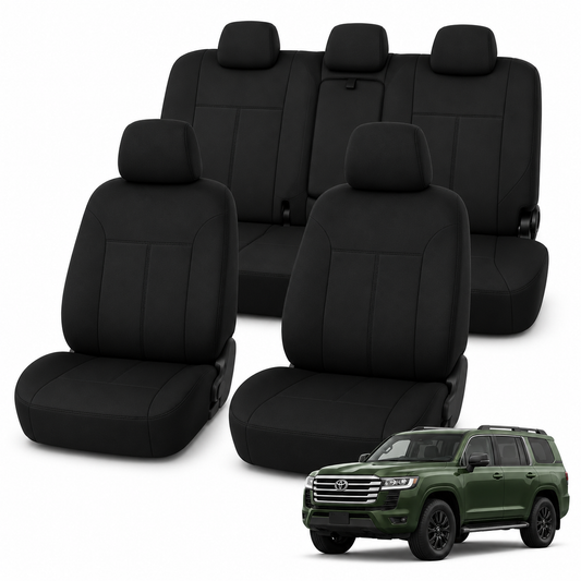 Tuff Skin Neoprene black front and rear seat covers for Toyota LandCruiser 300 Series VX 07/2021–On, with Classic Fit green LandCruiser 300 vehicle thumbnail